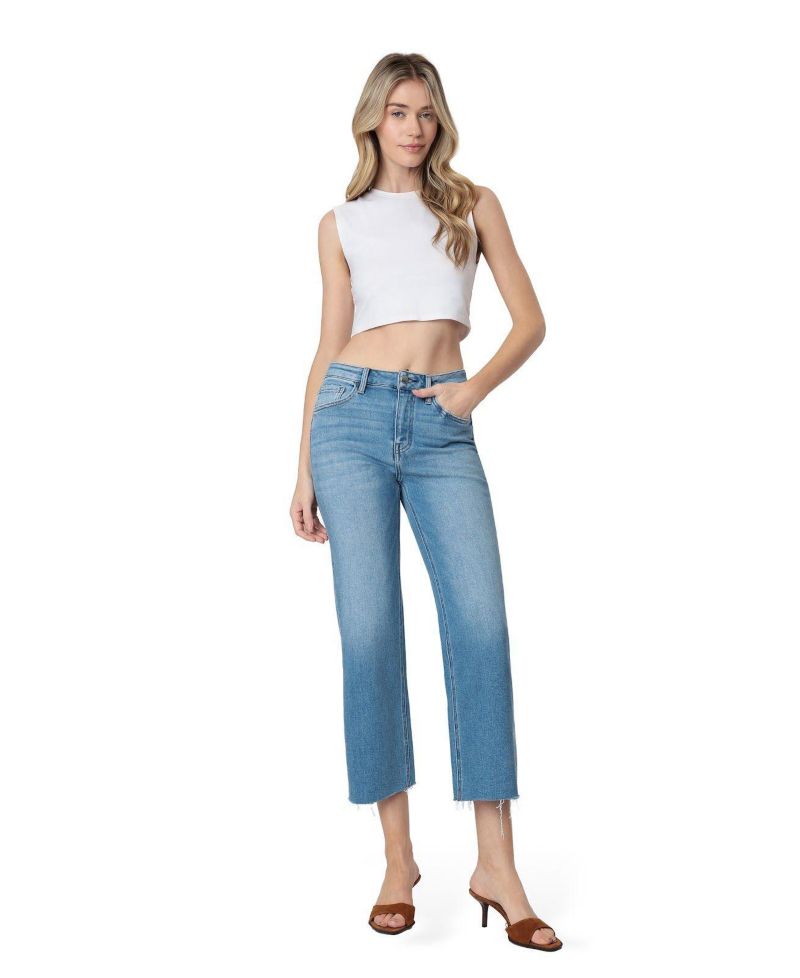 Women's High Rise Raw Hem Crop Slim Wide Leg Jeans