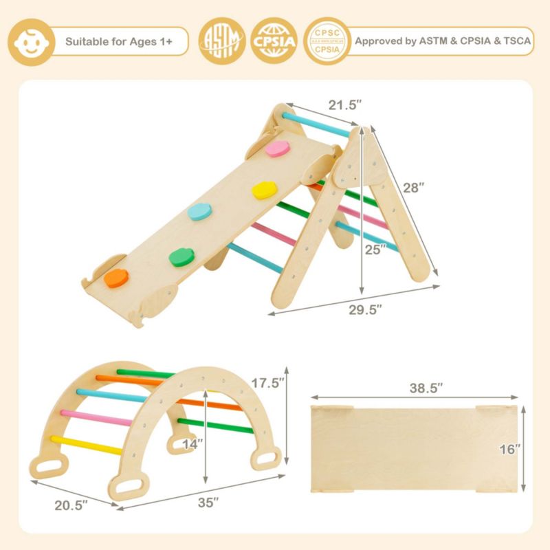 3-in-1 Wooden Climber with Triangle, Arch, and Ramp, 3-Piece Set