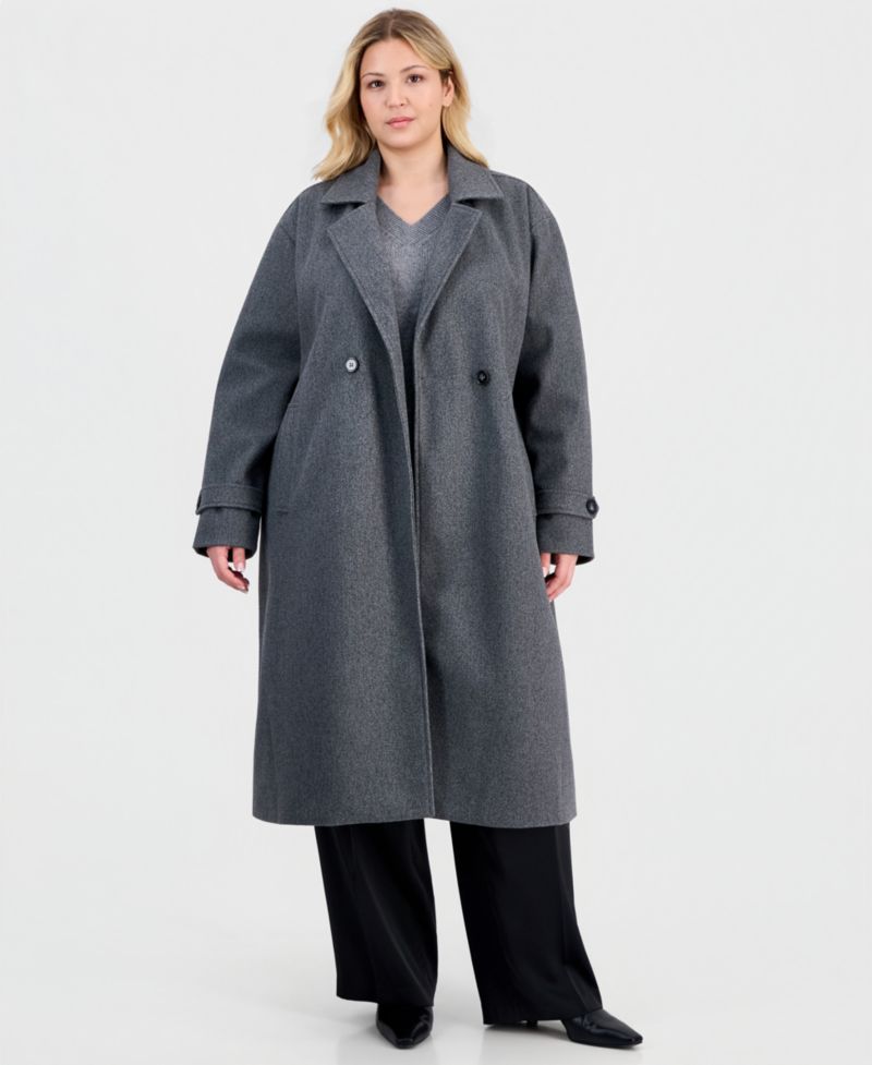 Women's Plus Size Double-Breasted Patch-Pocket Maxi Coat