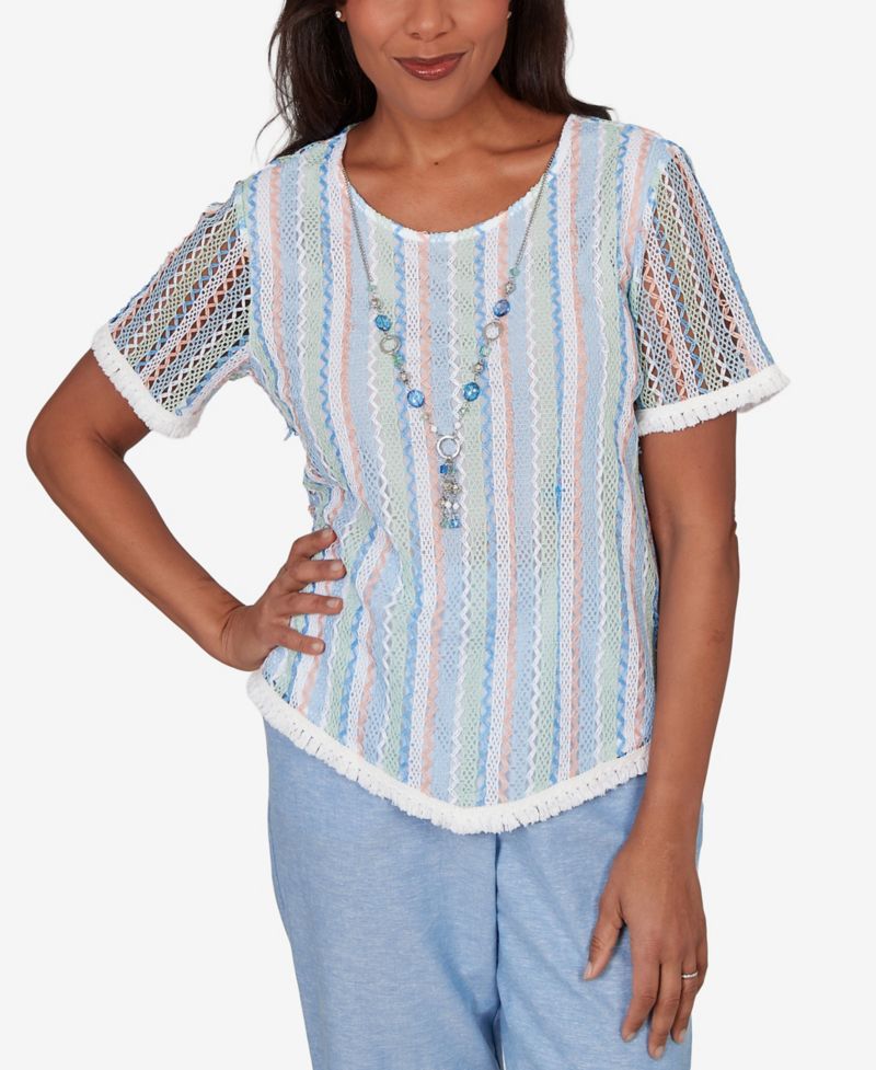 Women's Caribbean Blues Textured Stripe T-Shirt with Necklace