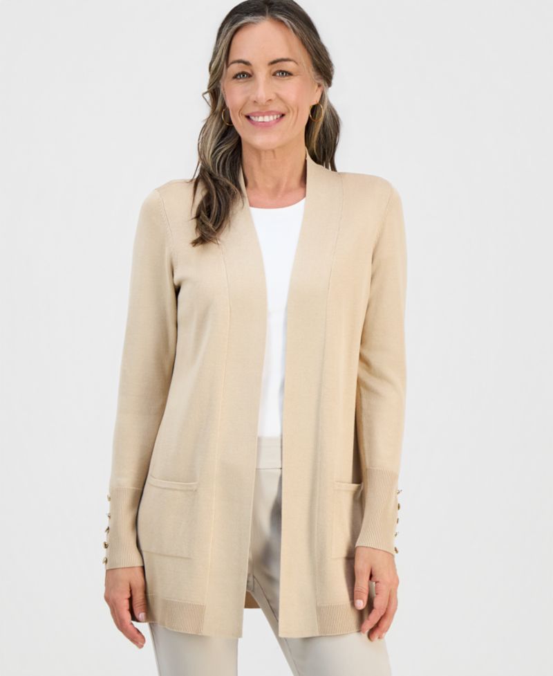 Petite Open-Front Button-Cuff Cardigan Sweater