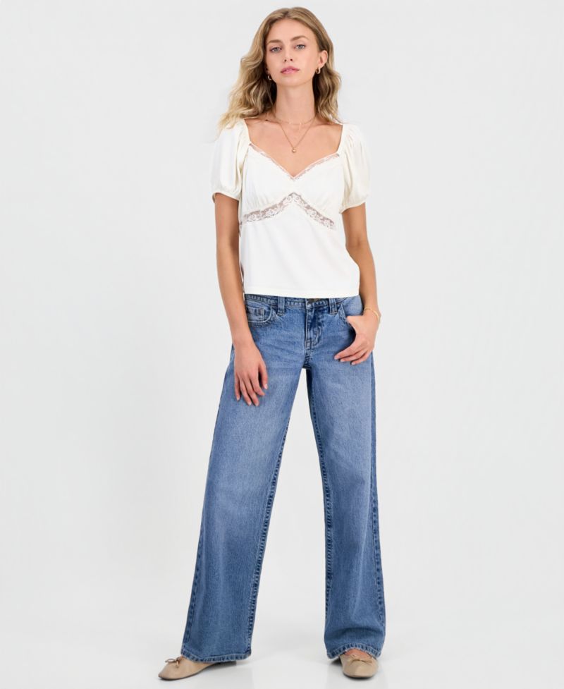 Juniors' Lace-Trim Satin Puff-Sleeve Top