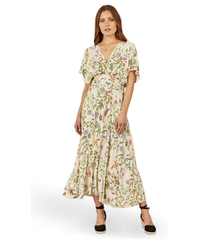 Women's Floral Print Ruched Waist Midi Dress
