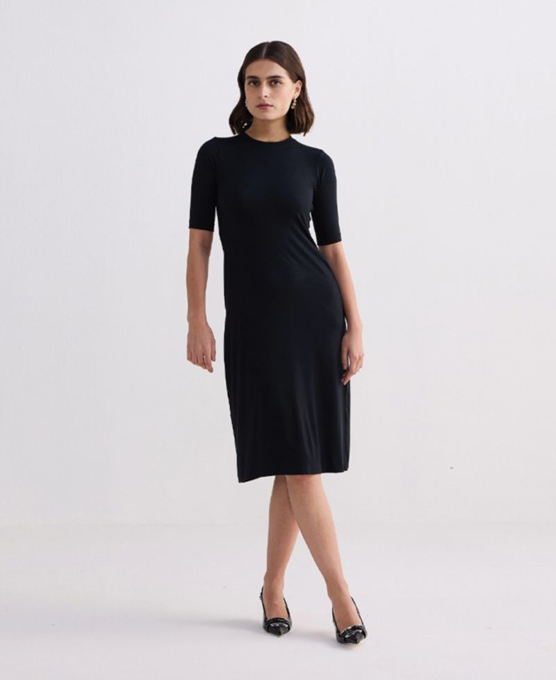Women's High Crew Neck Elbow Sleeves Fitted Dress in Black