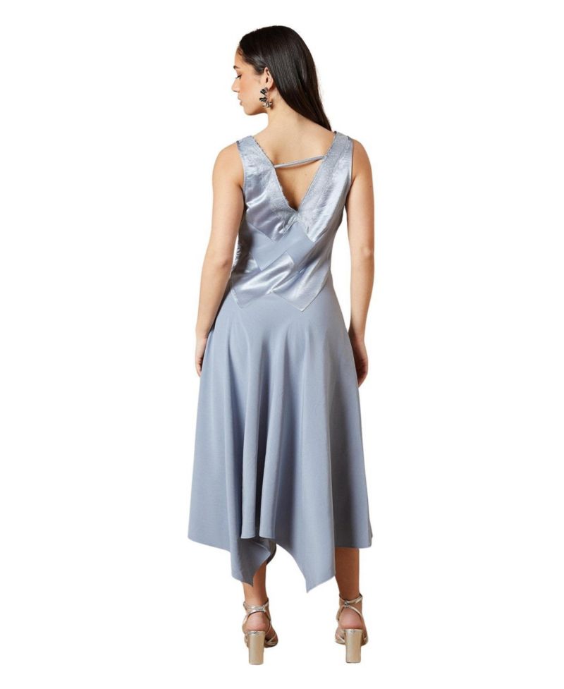 Women's V-Neck Mesh Asymmetric Midi Dress