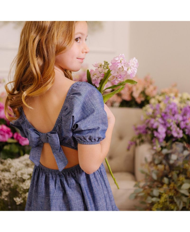 Toddler Girls Hope and Henry Short Bubble Sleeve Crochet Trim Chambray Dress