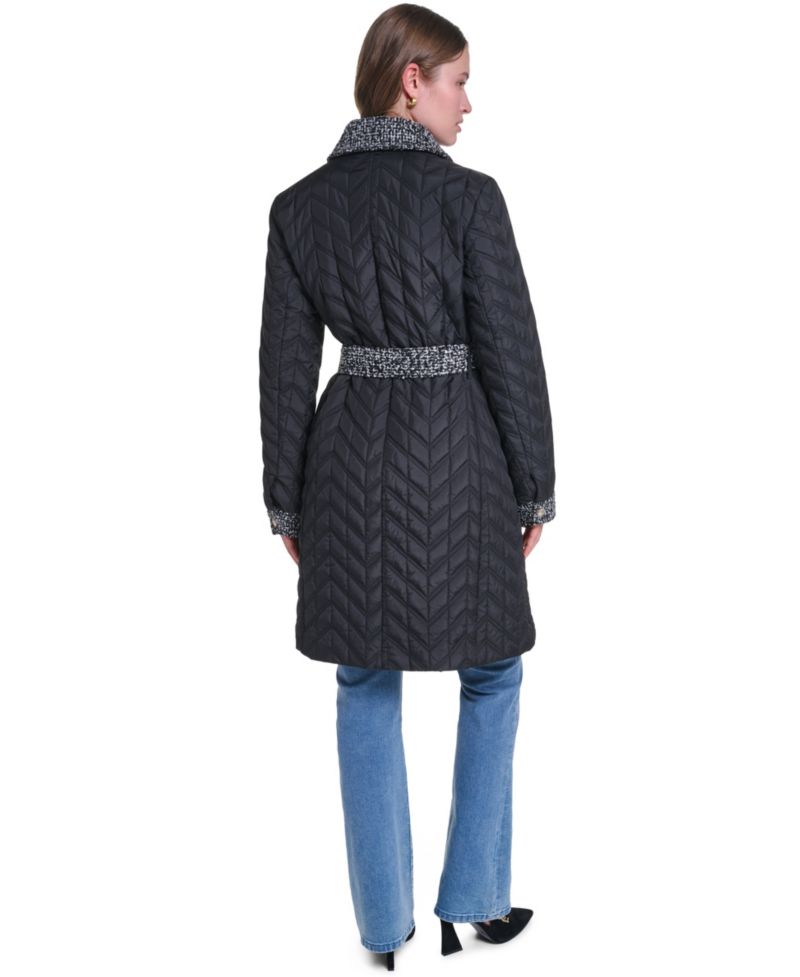 Women's Long Quilted Tweed-Trim Coat