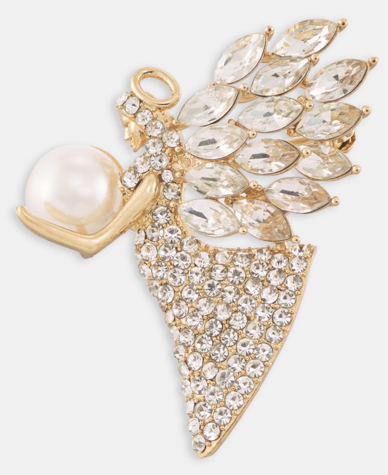 Gold-Tone Crystal Angel Imitation Pearl Pin