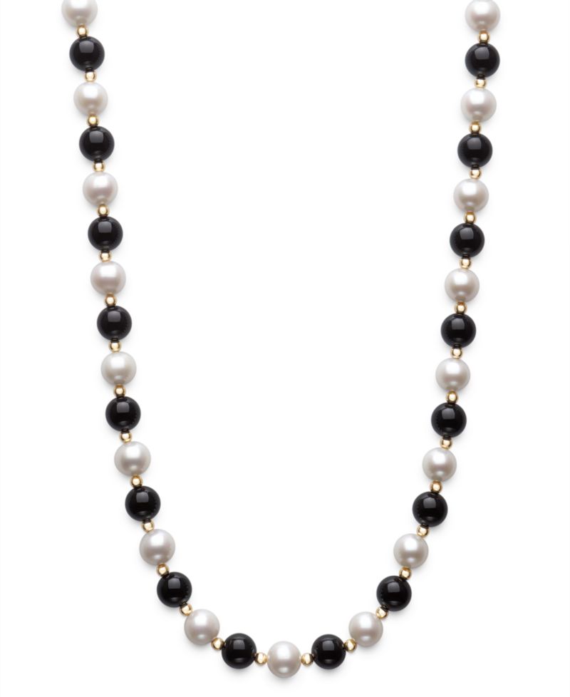 Freshwater Pearl (7.5-8.5mm), Black Onyx and Gold Bead Necklace in 10k Yellow Gold
