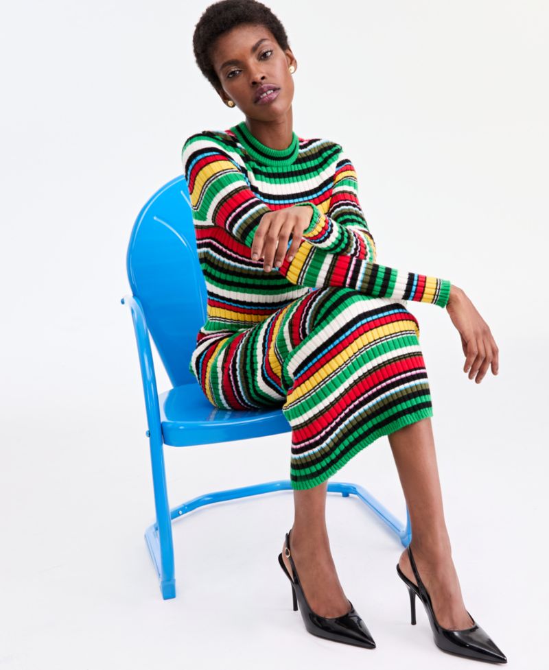 Women's Long-Sleeve Ribbed Striped Sweater Dress