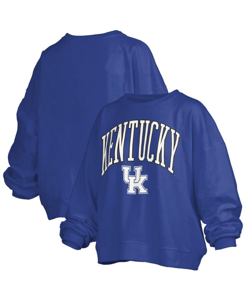 Women's Royal Kentucky Wildcats Janise Arch Over Logo Waist Length Oversized Pullover Sweatshirt
