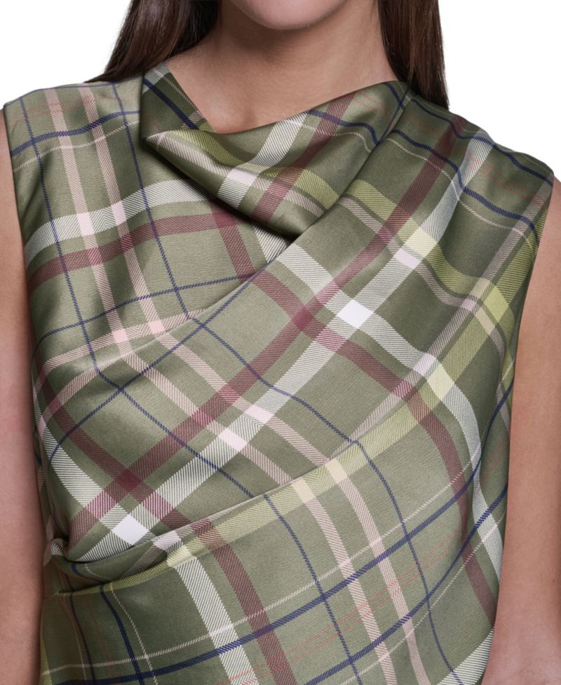 Women's Cowl Neck Plaid Asymmetrical Midi Dress