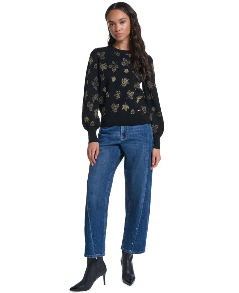 petite Metallic-Leaf Print Crewneck Sweater