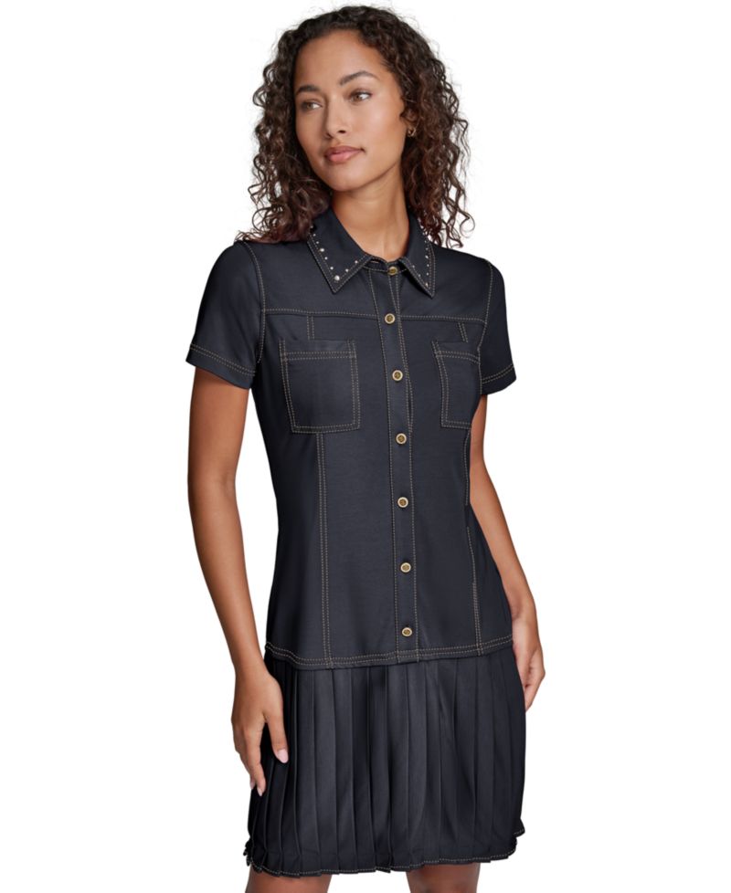 Women's Belted Collared Jersey Shirt Dress