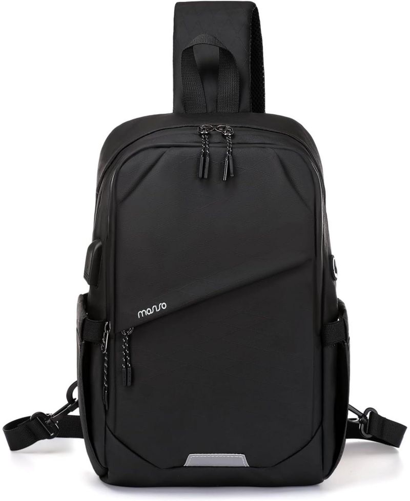 Black Sling Backpack with USB Charging Port - Large Anti-Theft Hiking Daypack for Travel | 3-Layer Pocket Crossbody Chest Bag for Outdoor Sports