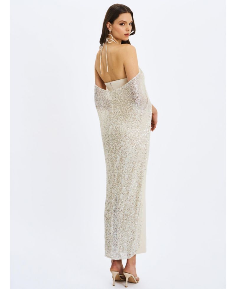 Women's Quimera Almond Beaded Cape Halter Off-Shoulder Maxi Gown