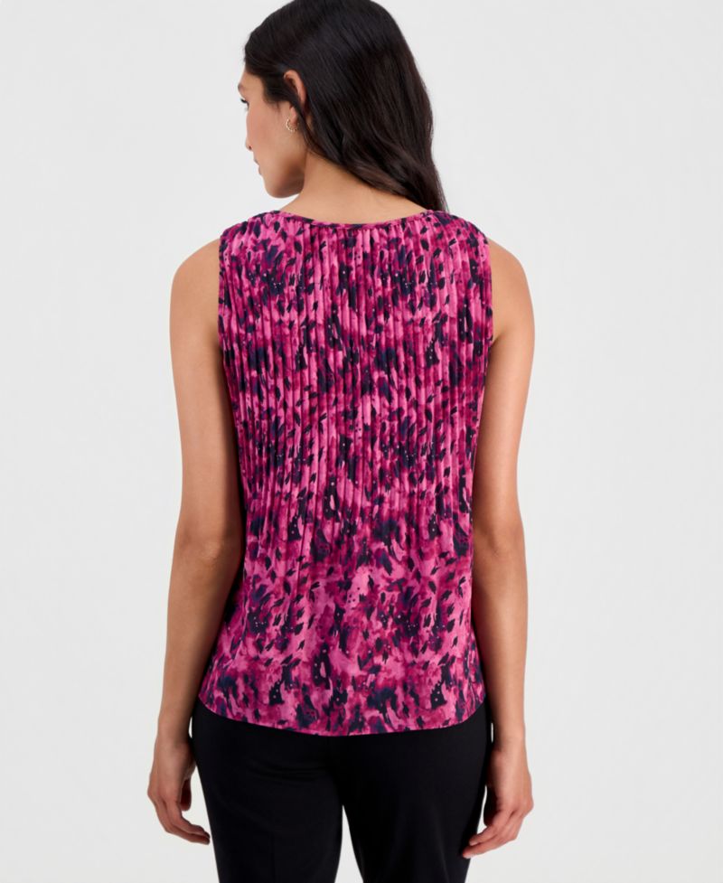 Women's Printed Crewneck Sleeveless Pleated Blouse