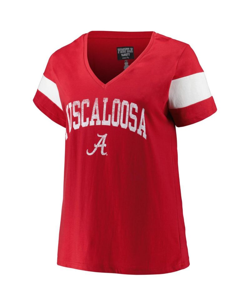 Women's Heather Crimson Alabama Crimson Tide Plus Size Arched City Sleeve Stripe V-Neck T-Shirt