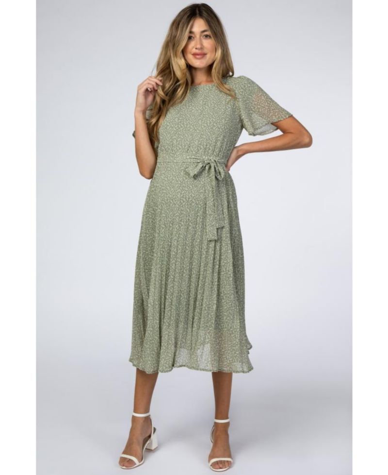 Women's Light Olive Leaf Print Pleated Midi Dress