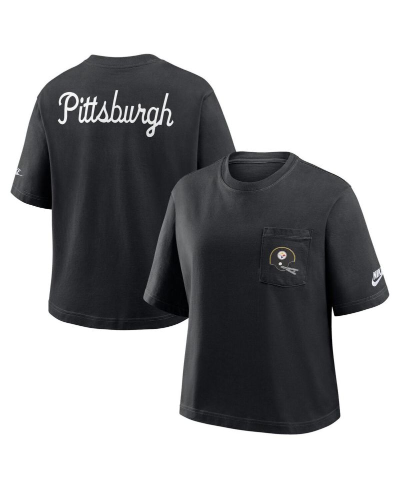Women's Black Pittsburgh Steelers Rewind Pocket Boxy T-Shirt