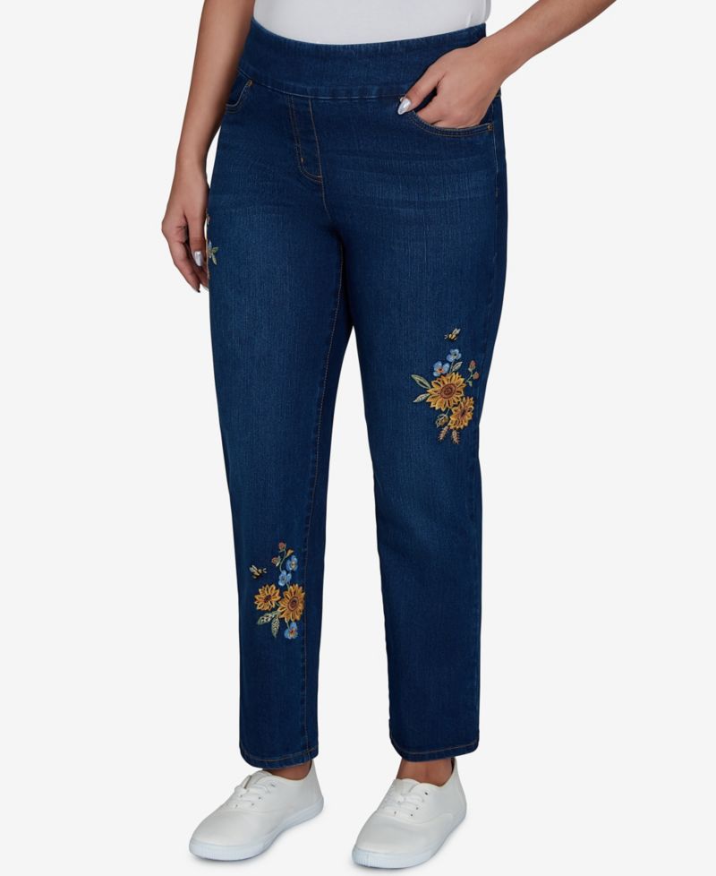 Petite Pull-On Straight Floral-Embroidery Denim Jeans