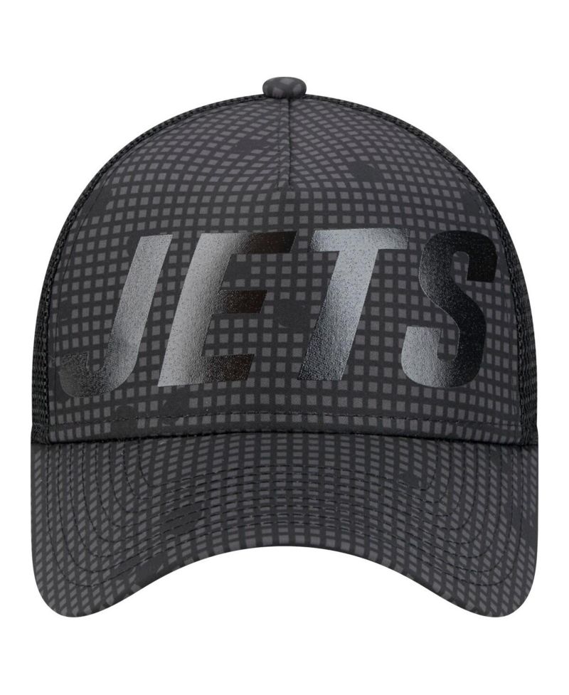Men's Black New York Jets Throwback Midnight Ink Tonal Text A-Frame Trucker 9FORTY Adjustable Hat