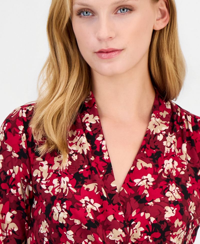 Petite Faux-Wrap Floral-Print 3/4-Sleeve Blouse