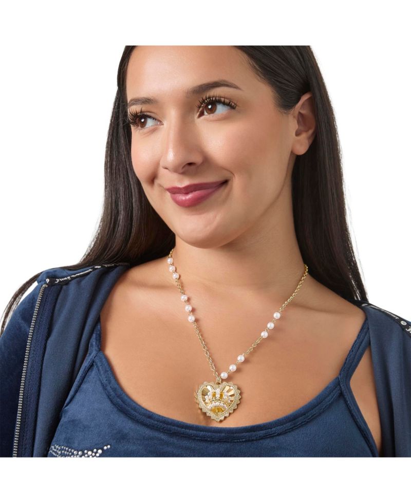 Heart Crown Necklace, Gold-Tone with Pearl Accent