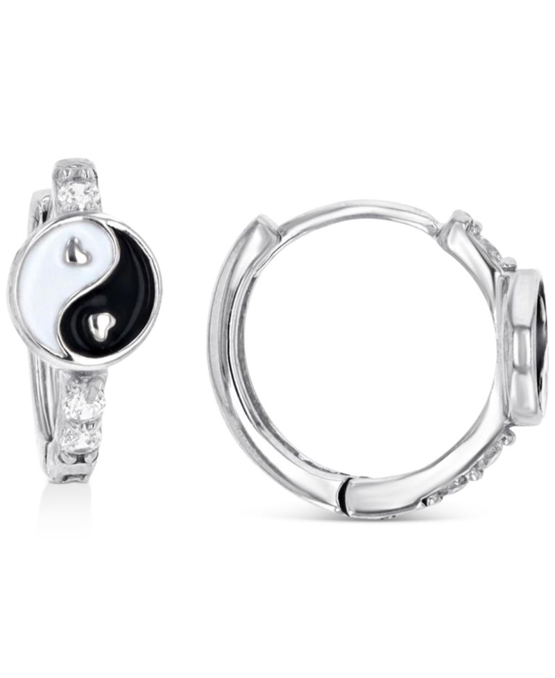Cubic Zirconia & Enamel Yin Yang Small Hoop Earrings, 0.51"