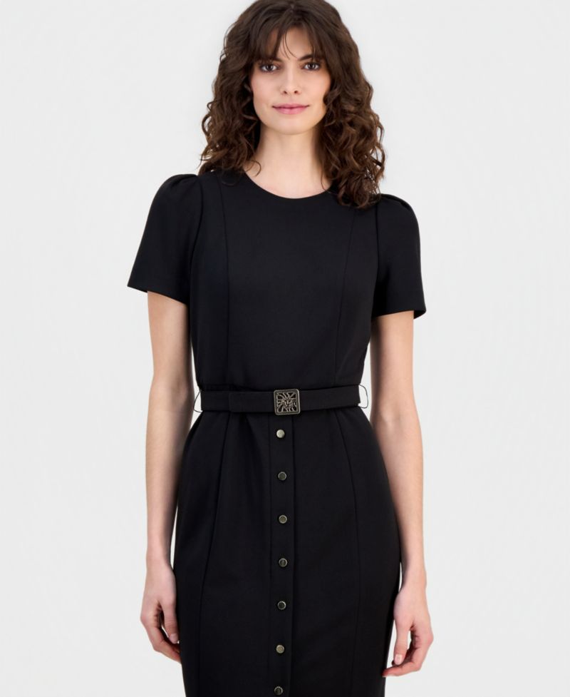 Women's Belted Puff-Sleeve Sheath Dress