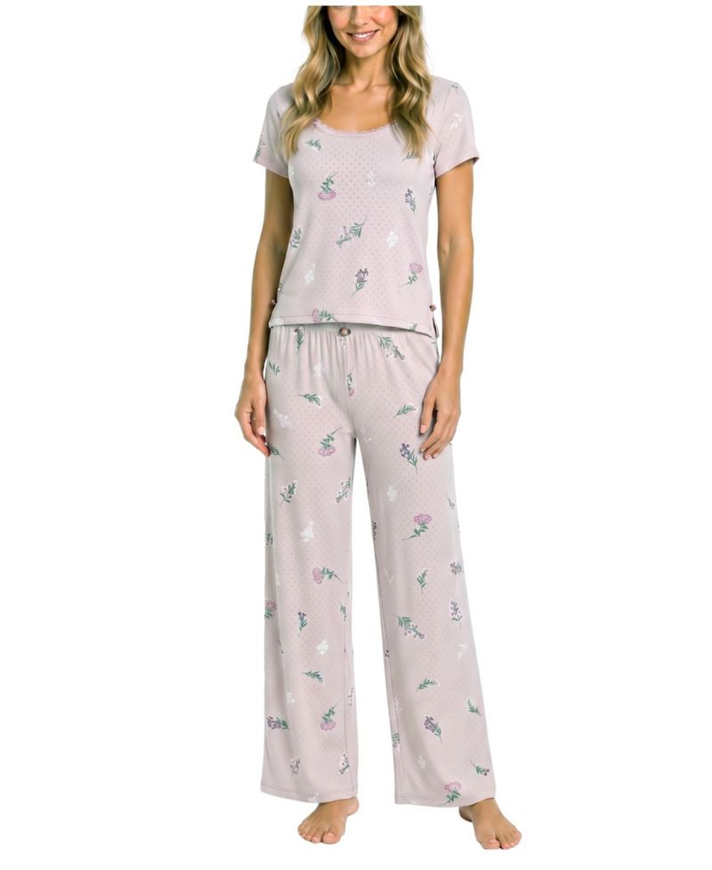 Women's Brushed Pointelle Square Neck Top & Pants Set, 2-Piece