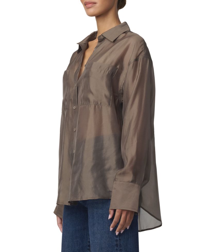Women's Organza Boyfriend Sheer Long-Sleeve Button-Up Shirt