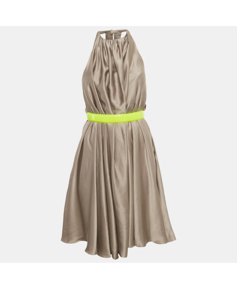 Women's Grey Silk Belted Halter Neck Mini Dress