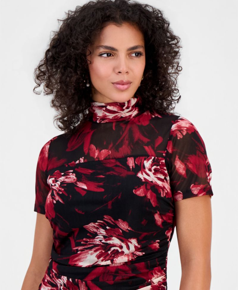 Women's Floral-Print Short-Sleeve Mesh Dress
