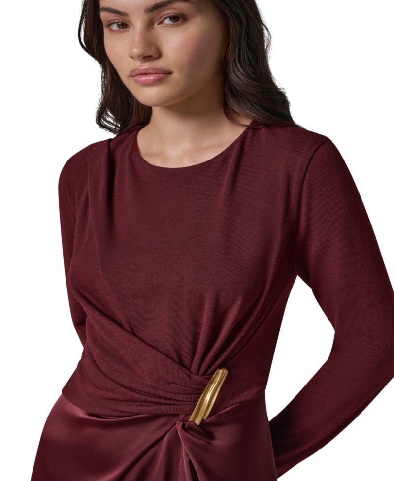 Women's Long Sleeve Waist Long-Sleeve Fit-and-Flare Midi Dress