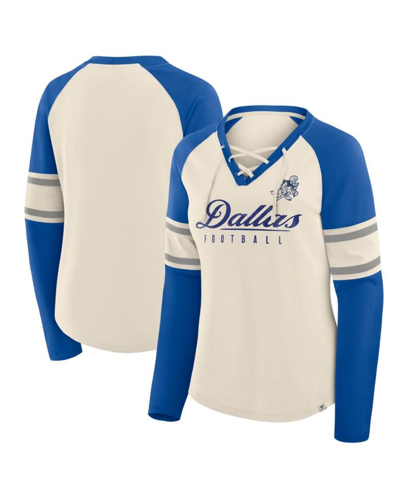 Women's Cream/Royal Dallas Cowboys Hometown Gridiron Hero Raglan Lace-Up V-Neck Long Sleeve T-Shirt