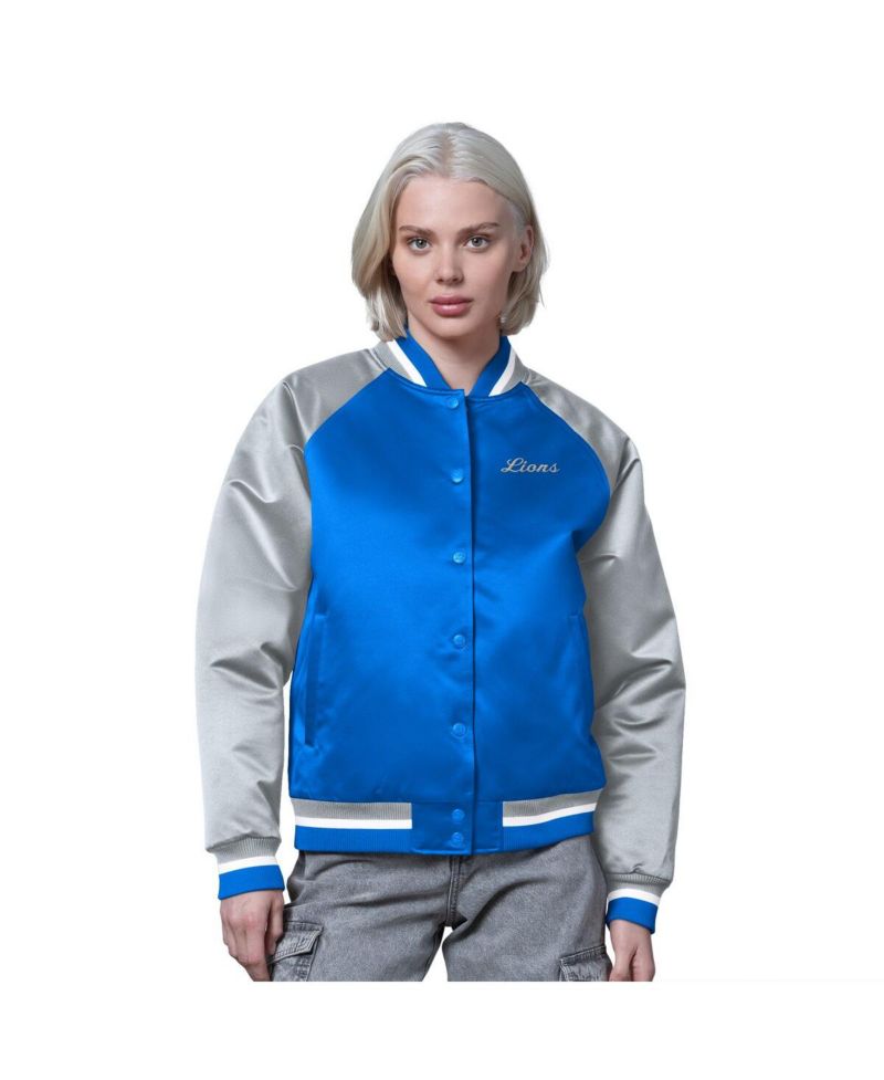 Women's Blue/Silver Detroit Lions Satin Full-Snap Vintage Varsity Jacket