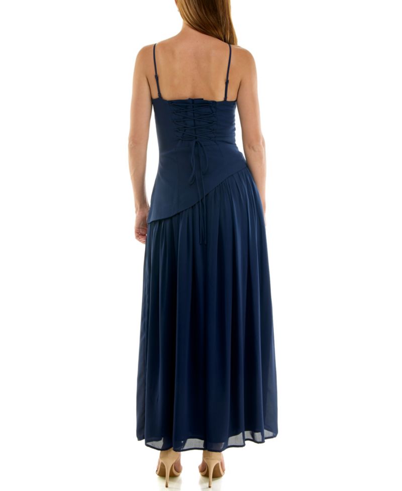 Juniors' Strapless Asymmetrical Corset-Inspired Chiffon Gown