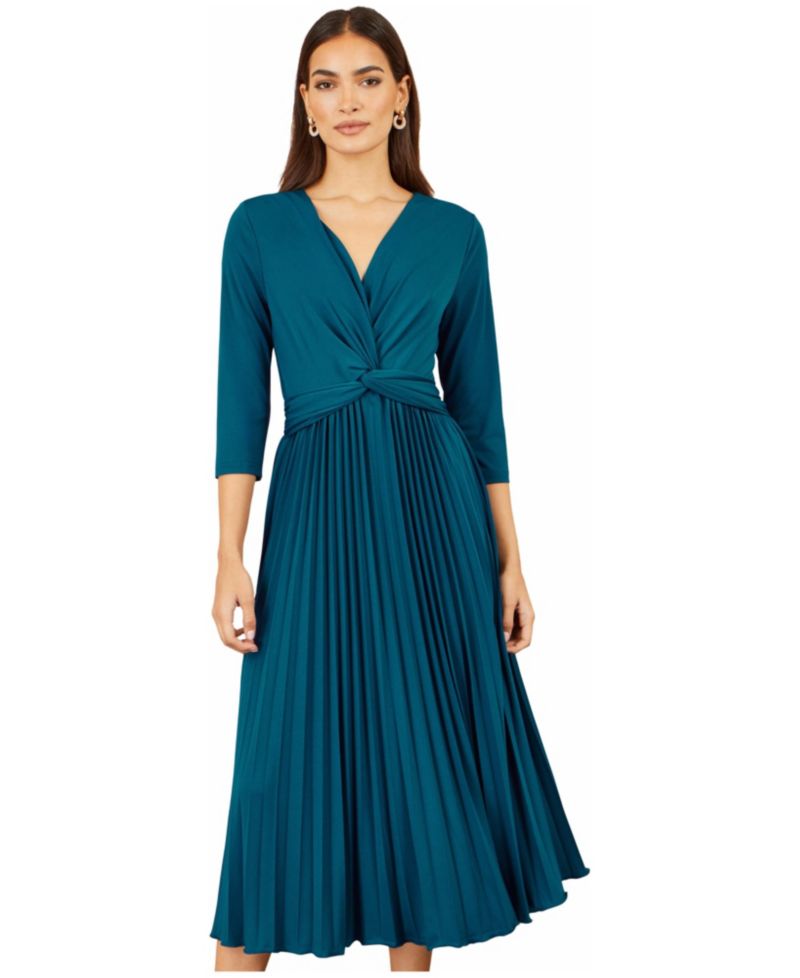 Women's Stretch Wrap Pleated Midi Dress