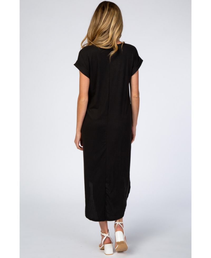 Women's Black Ribbed Curved Hem Midi Dress