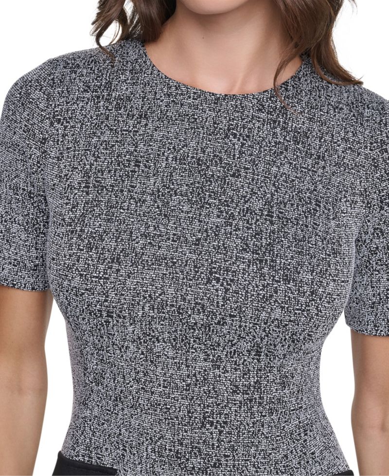 Women's Short-Sleeve Crewneck Textured-Knit Fit and Flare Dress