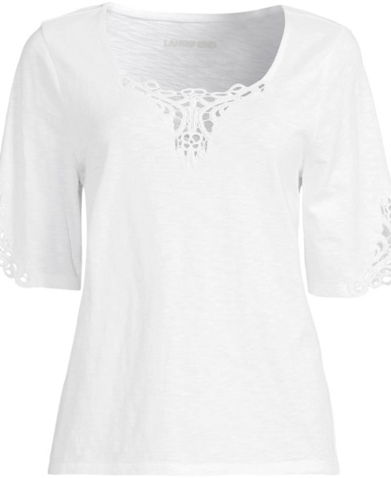 Plus Size Elbow Sleeve Slub Lace Trim T-Shirt