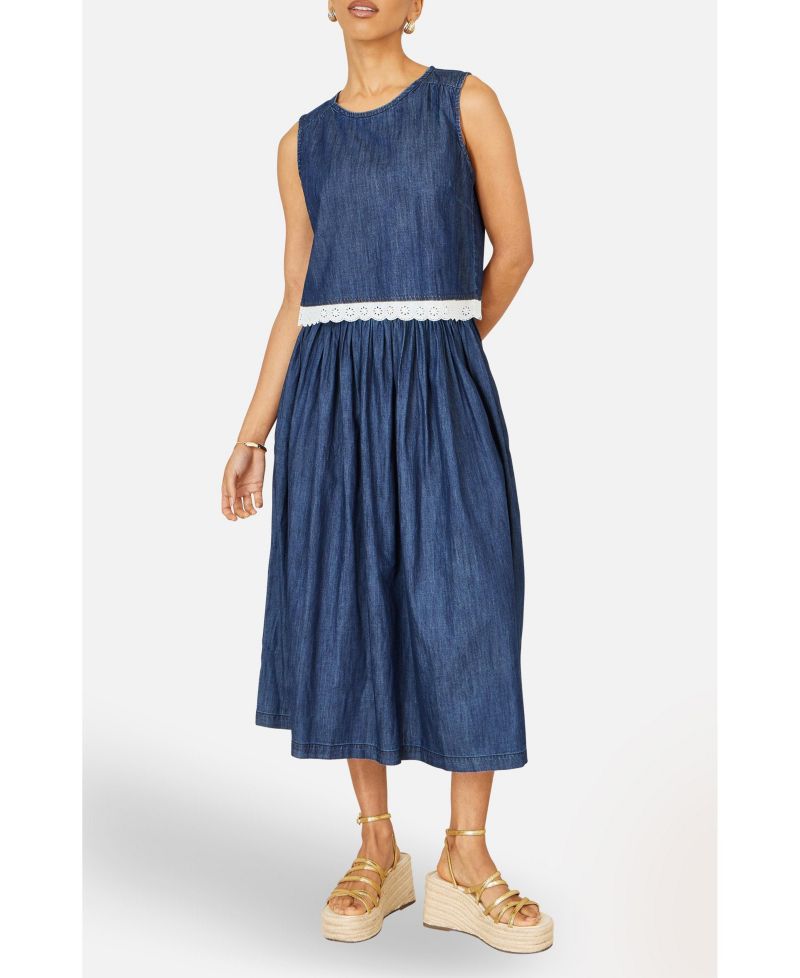 Women's Denim Chambray Gathered Midi Skirt