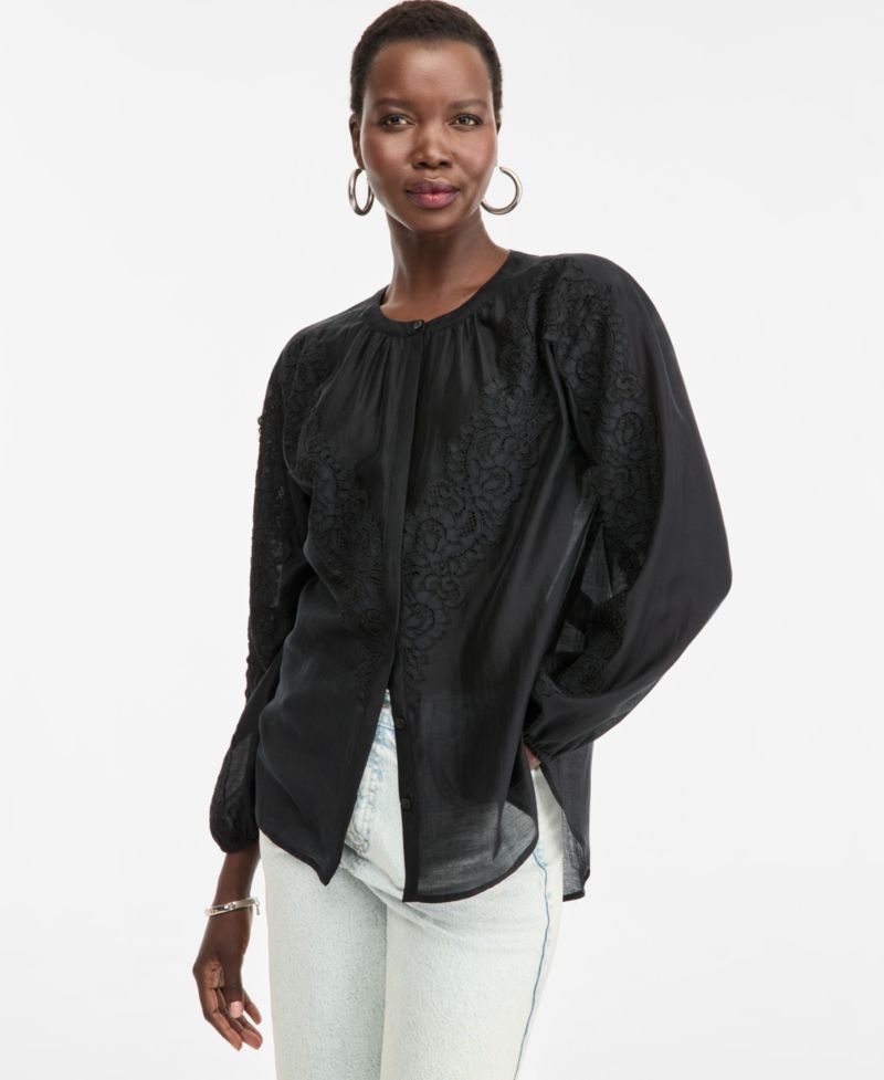 Women's Long Sleeve Lace-Trim Blouse