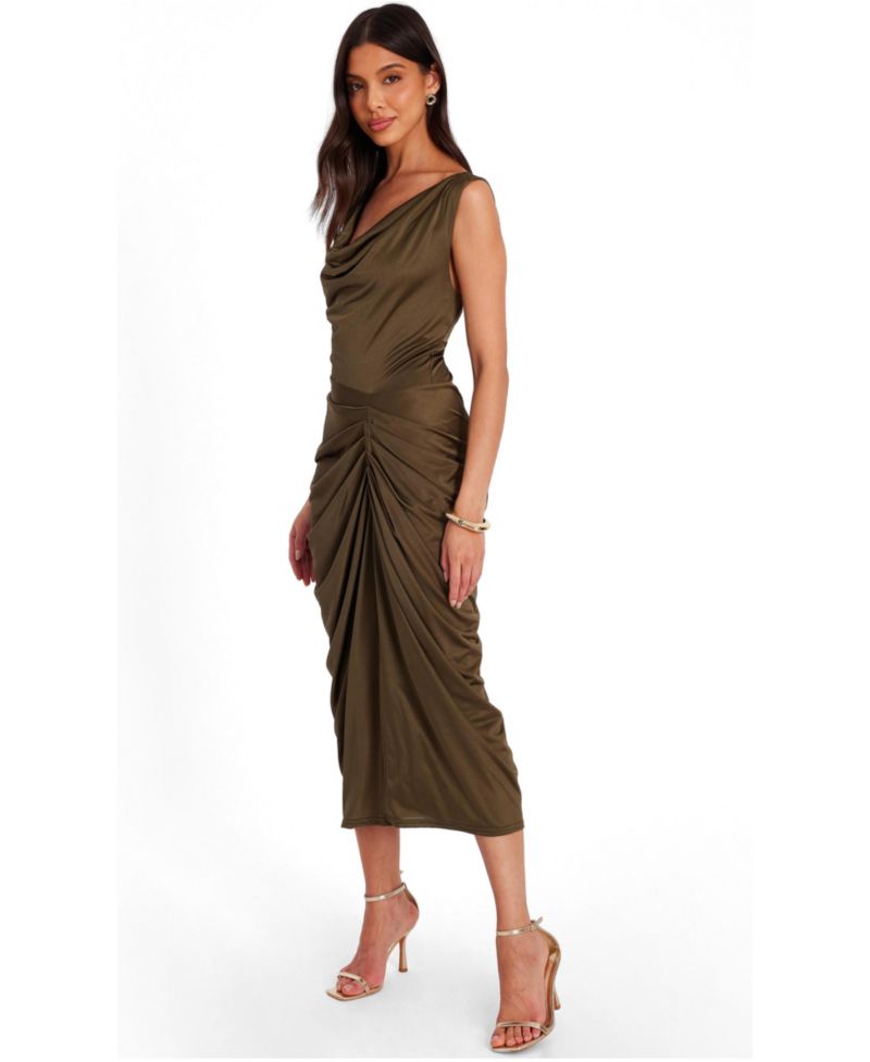 Women's Cowl Neck Ruched Hardware Midi Dress