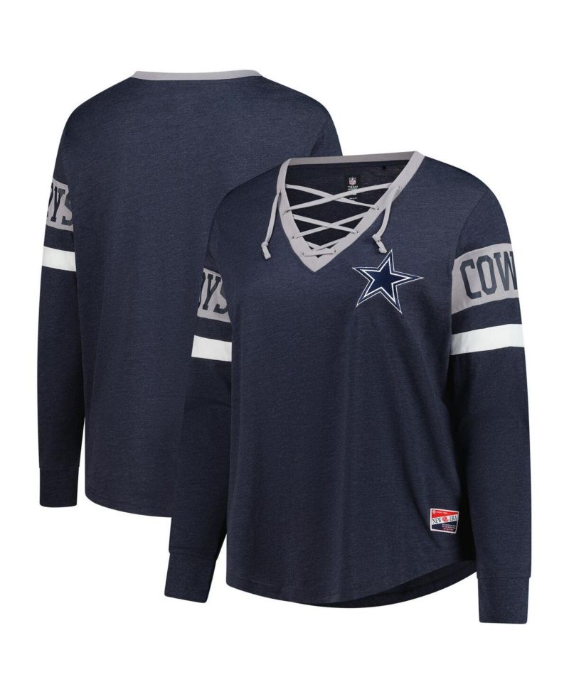 Women's Navy Dallas Cowboys Plus Size Throwback Lace-Up Long Sleeve T-Shirt