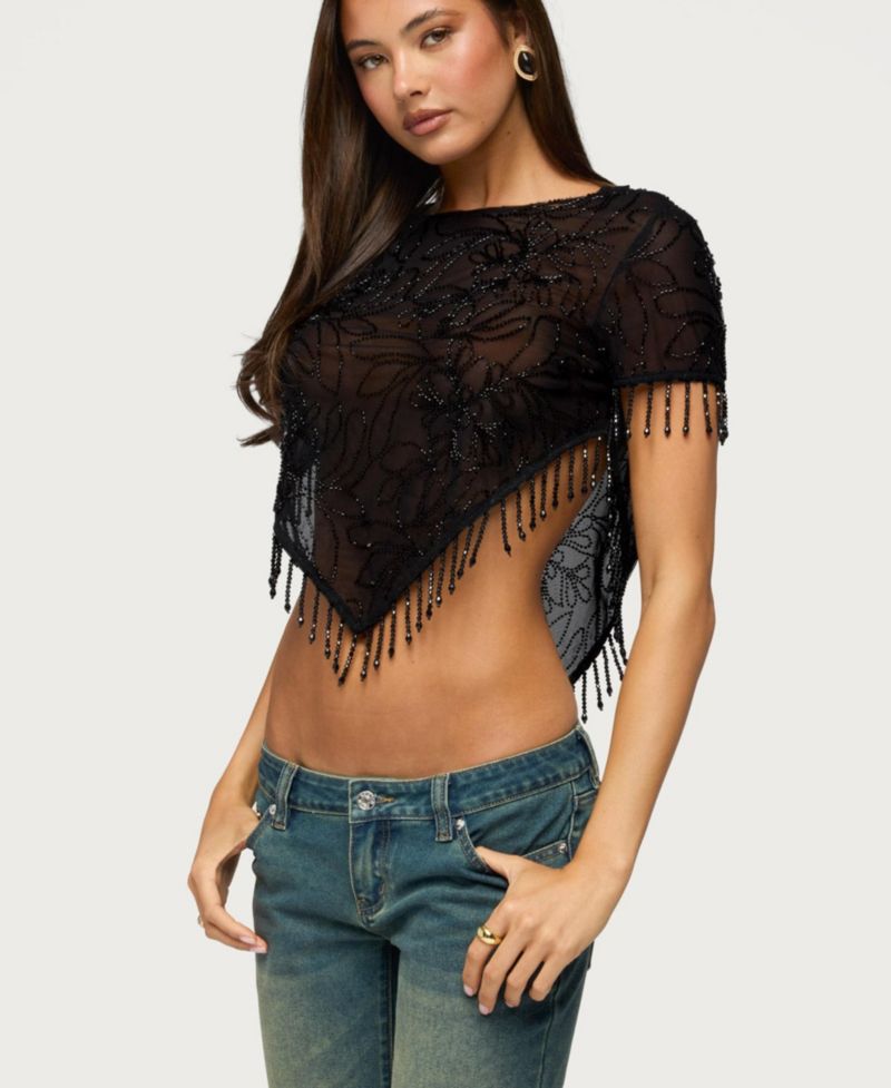 Women's Yanna Beaded Fringe Mesh Poncho Top