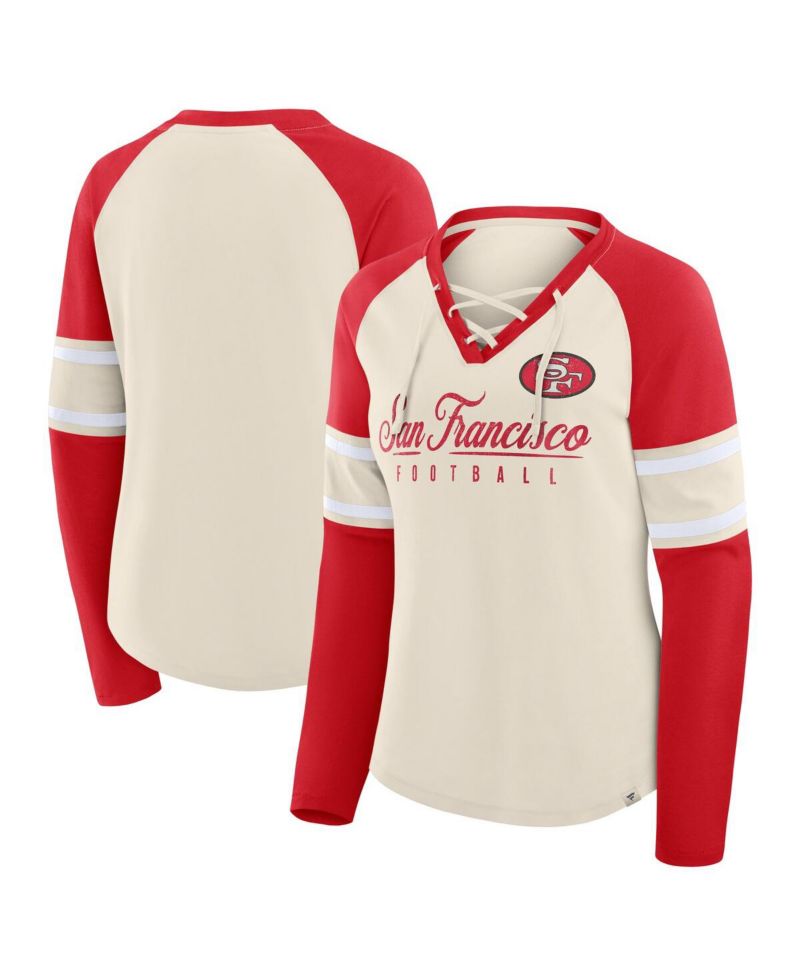 Women's Cream/Scarlet San Francisco 49ers Hometown Gridiron Hero Raglan Lace-Up V-Neck Long Sleeve T-Shirt