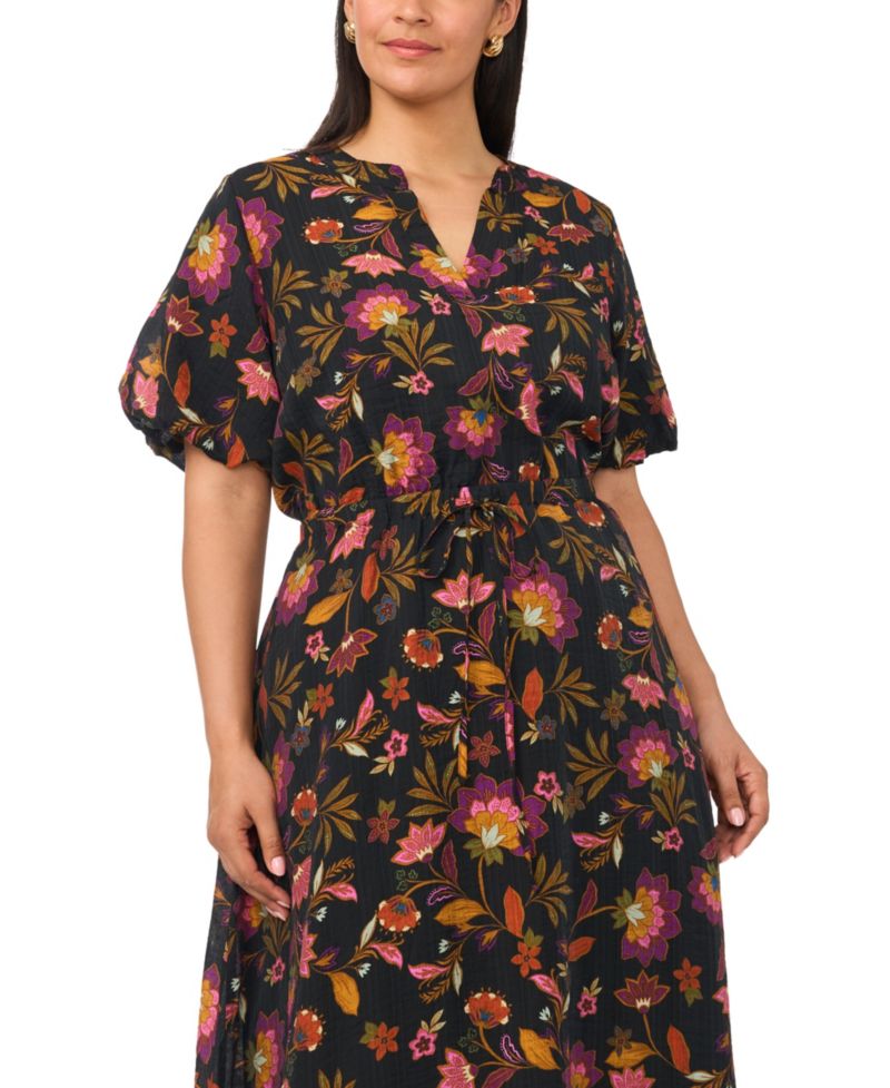 Plus Size V-Neck Puff-Sleeve Self-Tie Waist Maxi Dress