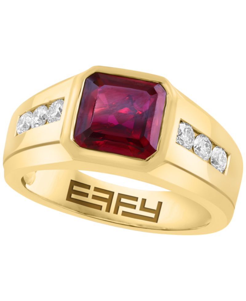 Men's Lab Grown Ruby (3-3/4 ct. t.w.) and Lab Grown Diamond (1/2 ct. t.w.) Ring in Gold Over Silver